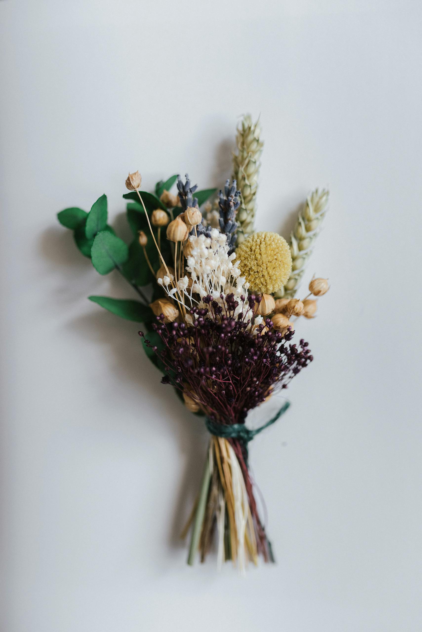 Top view small bouquet of blooming wildflowers tied together and placed on white surface